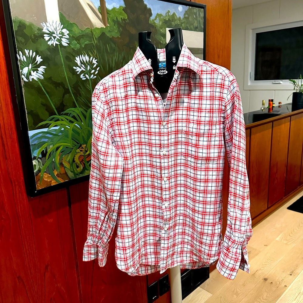 Brunello Cucinelli 100% Linen Shirt - Size M - Pale Blue, Red and Navy Check